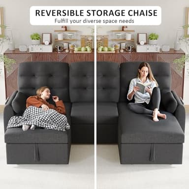 Ucloveria Sleeper Sofa Bed, 86" Convertible Sectional Sofa Couches for Living Room, Pull Out Couch Bed with Reversible Storage Chaise | USB Ports | Side Pockets | Removable Backrest - Image 7