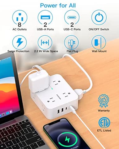 Surge Protector Power Strip, HANYCONY Extension Cord with Multiple Outlets, 5 Ft Ultra Thin Flat Plug 8 Outlets 4 USB Ports(2USB C), 1080J Outlet Extender for Home Office College Dorm Room Essentials - Image 2