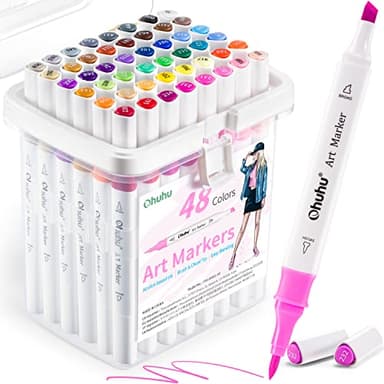 Ohuhu Markers: 48-Color Double Tipped Brush & Chisel Alcohol Markers for Adults Coloring Illustration, Alcohol-based Art Marker Set with Unique Designed Grip, Great Value Pack for Beginners - Image 1
