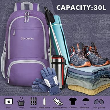 ZOMAKE Lightweight Packable Backpack 30L - Foldable Hiking Backpacks Water Resistant Compact Folding Daypack for Travel(Purple) - Image 3
