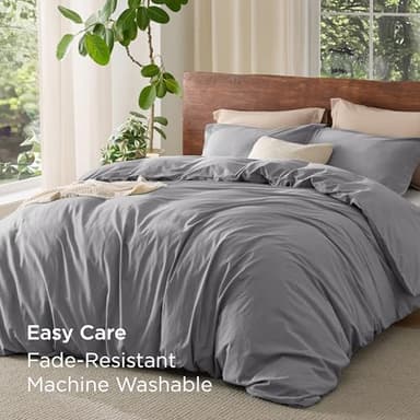 Bedsure 100% Washed Cotton Duvet Cover Queen Size - Gray Minimalist Cotton Duvet Cover Linen Like for All Seasons - GentleSoft™ Plain Simple Bedding (Gray, Queen, 90"x90") - Image 9
