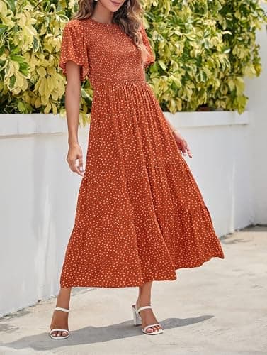 ZESICA Women's 2025 Summer Casual Floral Print Short Flutter Sleeve Crew Neck Smocked High Waist Flowy Maxi Dress,Caramel,Large - Image 4
