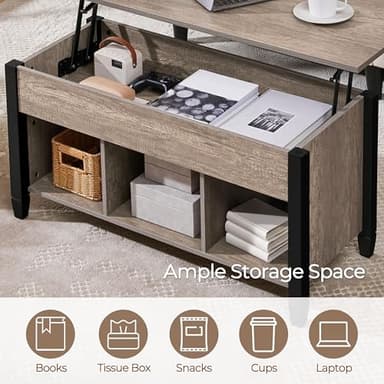 Yaheetech Gray Coffee Table, Lift Top Coffee Table with Hidden Compartment & Shelf, Lift Up Dining Table for Living Room Reception, Retro Central Table with Wooden Lift Tabletop, 41 inch L - Image 5