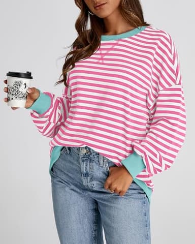 BTFBM Womens Oversized Striped Sweatshirt Crewneck Long Sleeve Pullover Top Casual Y2K Fall Clothes 2025 Workout Shirt(Pink White, X-Large) - Image 7