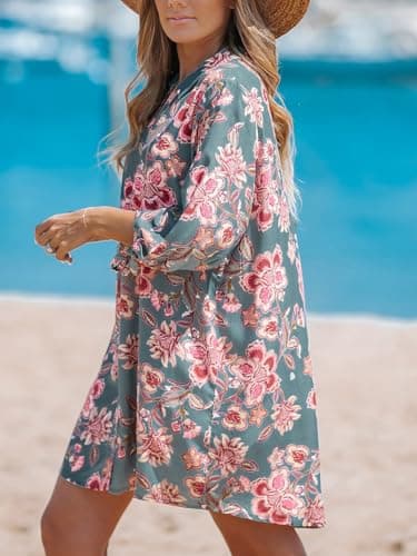 CUPSHE Women Mini Summer Dresses Cover Up Floral Top Shirt 3/4 Sleeve Cuff Tie Button Down Casual Sundress Beach Dress Cover Ups, Paisley Floral L - Image 3