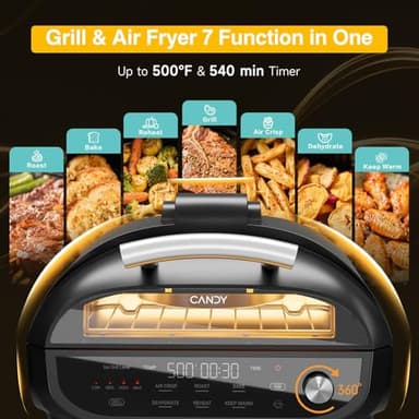 CANDY Indoor Grill and Air Fryer Combo with Ceramic Accessories, 7-IN-1 Digital Display, 5.2 QT Electric Smokeless, 500°F Max, Large View Window, Roast, Bake & Dehydrate, Adjustable Temps, Easy Clean - Image 2
