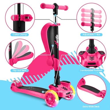 Hurtle 3 Wheeled Scooter for Kids - 2-in-1 Sit/Stand Child Toddlers Toy Kick Scooters w/ Flip-out Seat, Adjustable Height, Wide Deck, Flashing Wheel Lights, For Boys/Girls 1 Year Old+ (Pink) - Image 4
