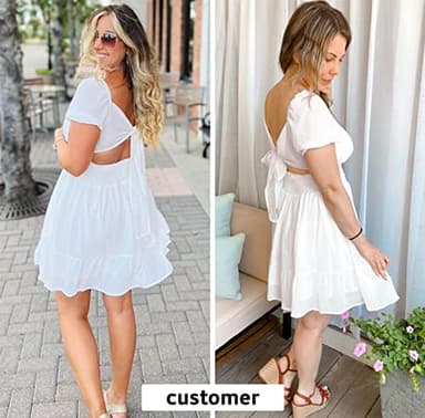 EXLURA Women's 2024 Summer Short Puff Sleeve Casual Short Mini Dresses Tie Back Square Neck A-Line Sundress White - Image 4