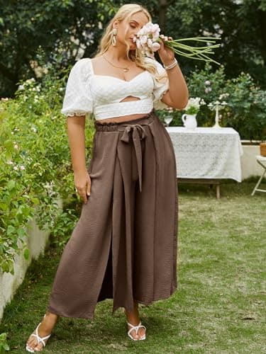 Simplee Apparel Women's Casual Plus Size Side Split Wide Leg Pants High Waist Beach Flowy Pants Comfy Lounge Loose Belted(3XL Coffee) - Image 5