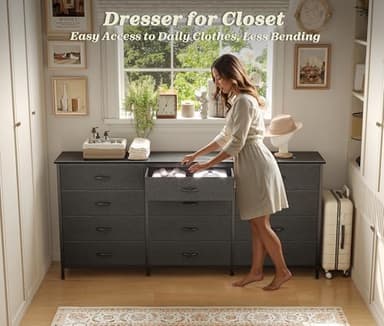 Huuger 63 Inch Long Dresser for Bedroom, TV Stand for 65, 70 Inch TV, 12 Drawer Dresser for Closet, Chest of Drawers, Large Fabric Drawers for Bedroom, Media Console with Storage, Black - Image 8