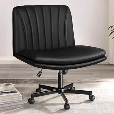 PUKAMI Criss Cross Chair with Wheels,PU Leather Armless Cross Legged Office Vanity Desk Chair for Home Office,Modern Swivel Height Adjustable Wide Seat(Black) - Image 1