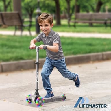 Lifemaster Mini 3-Wheel Kids Scooter with Multi-Color Wheel Lights – 4-Height Adjustable Handlebar, Wide Anti-Slip Deck, Child Safety Certified, Boys & Girls Ages 2+ Supports Up to 110 lbs, Gray - Image 3