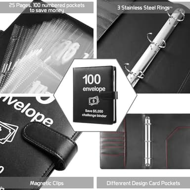 100 Envelopes Money Saving Challenge Binder with Laminated Tracker, Budget Binder with Cash Envelopes, Easy and Fun Way to Save $5,050 (Black) - Image 3