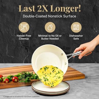 Gotham Steel Hammered 15Pcs Ceramic Cookware Set Nonstick, Induction Pots and Pans Set Non Stick with Bakeware Set & Steamer for Cooking, Non Toxic PFOA PFOS Free, Oven & Dishwasher Safe, Cream White - Image 5