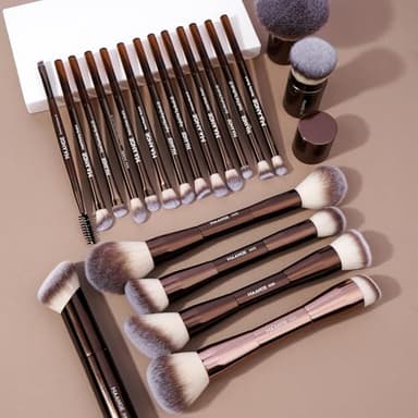 MAANGE 20 PCS Foundation Makeup Brush Set, Double-ended Kabuki Contour Brush for Liquid Powder Concealer Blending Blush Face Makeup Tools (Coffee) - Image 6