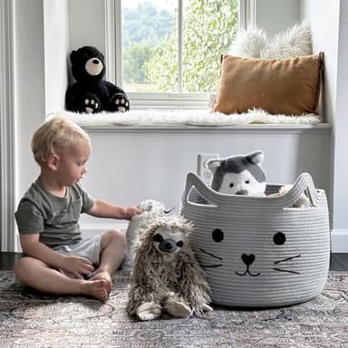 HiChen Large Woven Cotton Rope Storage Basket, Baby Laundry Basket Organizer for Towels, Blanket, Toys, Clothes, Gifts | Pet Gift Baskets for Cat, Dog - 15.7" L×11.8" H, Gray - Image 2