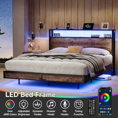 Susalt Queen Size Bed Frame with Storage Headboard, Sturdy Metal Platform Bed Frame with LED Lights and Charging Station, Easy Assembly, No Box Spring Needed, Noise Free, Rustic Brown - Image 5