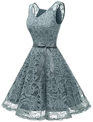 Dressystar 0010 Women Floral Lace Bridesmaid Party Dress Short Prom Dress V Neck Grey XXXL - Image 2