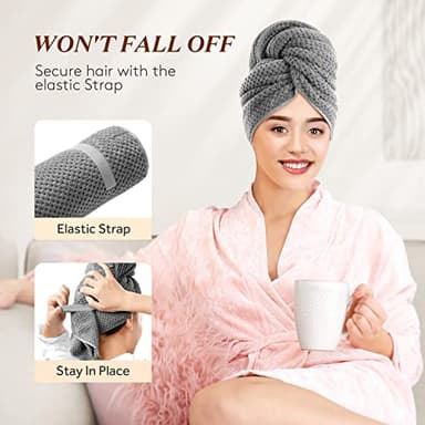 YFONG Large Hair Towel Wrap for Women, Soft Microfiber Hair Towel for Curly Hair, Fast Drying Hair Turbans with Elastic,Hair Drying Towel Wrap for Hair Care Anti Frizz 26.3" X 40" (Dark Gray) - Image 4