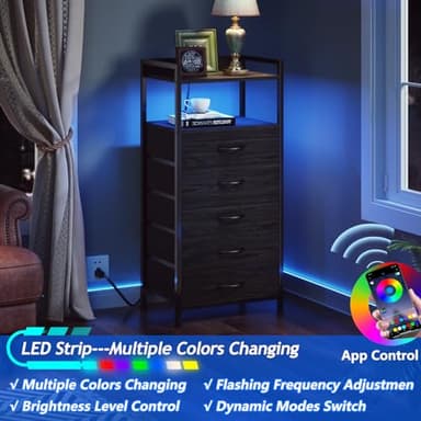 Furnulem Night Stand with Charging Station, Tall Black Dresser for Bedroom, Nightstand with Led Light, Bed Side Table for Living Room, Fabric Storage Drawer, Metal Frame, Wood Furniture - Image 4