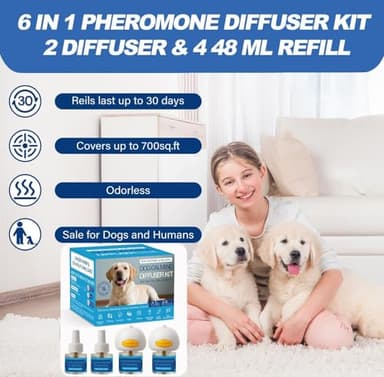 Dog Calming Pheromones Diffuser 6 in 1 Kit Appeasing Pheromone Diffuser to Calm (2 Plug in+4 Pack 48ml Refill) for Anxiety Relief Reduce Aggression Fighting Barking Stress 120 Day Supply - Blue - Image 3