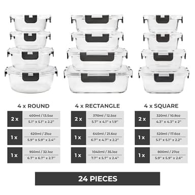 Freshware Glass Storage Containers with Lids, 24 Pieces, 12 Containers with 12 Lids, Glass Meal Prep Containers, Leak Proof, Freezer Safe - Image 2