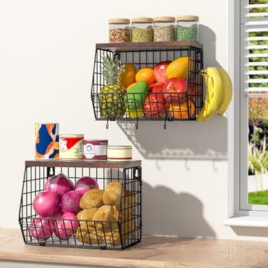 Wawocs 2 Tier Fruit Bowl Fruit Basket for Kitchen Counter Stackable Wall Mounted Hanging Basket Wire Baskets with Wood Lid with 4 Banana Hanger Hooks, Onion Basket, Fruit and Vegetable Storage - Image 1