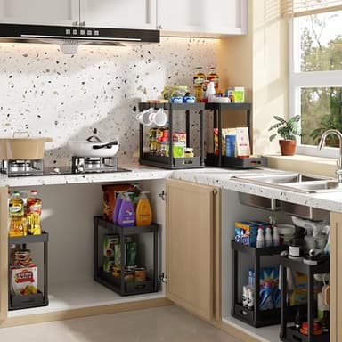 POUGNY 2PC Under Sink Organizer Rack 2 Tier Under Sliding Cabinet Basket Organizer Drawer with 4 Hooks, Multi-purpose Under Sink Storage for Bathroom Kitchen Desktop（Black） - Image 4