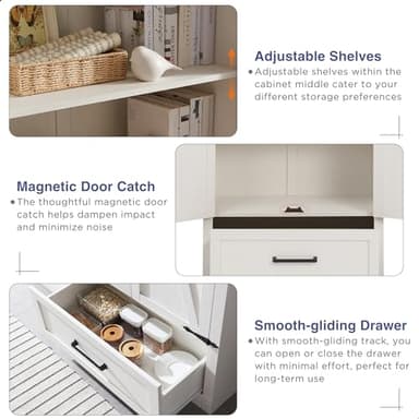 JXQTLINGMU Farmhouse Kitchen Pantry Cabinet - 72" Tall Wood Kitchen Storage Cabinets with Adjustable Shelves & 2 Barn Style Doors & Drawer, Versatile Storage for Dining Room, Bathroom, Antique White - Image 5