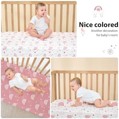 FIEMOL Baby Mini Crib Sheets Girl, Portable 38”x26” Pack and Play Sheets Fitted for Playard and Pack N Play Mattress, 3-Pack Soft Microfiber Pink Rainbow - Image 9