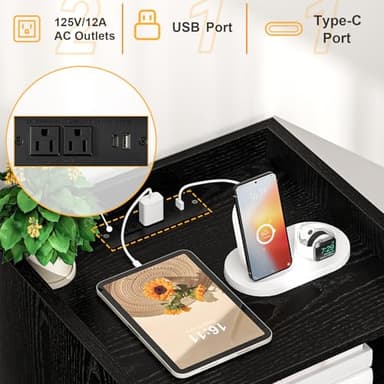 Night stand Set of 2, Bedside Tables with Charging Station, Rattan End Tables, Bed Side Tables, Wood Nightstands set of 2 for Farmhouse Kids' Room Bedroom Living Room Dorm Sofa Office Corner(Black) - Image 4