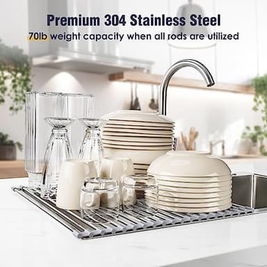 Tomorotec 17.7" x 15.5" Roll Up Dish Drying Rack Over Sink Drying Rack Sink Cover Kitchen Sink Accessories Gadget Multipurpose Organizer Foldable Stainless Steel Drainer (Grey) - Image 5