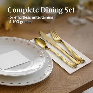 Prestee 400 Pieces Pre Rolled Gold Plastic Silverware Set for 100 Guests - Premium Disposable Silverware Set with Napkins - Wrapped Utensils with Forks, Knives, Spoons, Napkins for Weddings and Events - Image 4