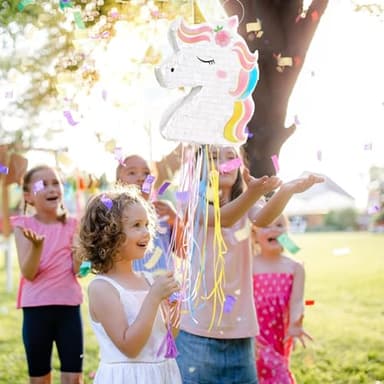 WERNNSAI Foldable Unicorn Piñata - Pull String Unicorn Birthday Party Supplies Extendable Unicorn with Blindfold Bat and Tassels Unicorn Birthday Party Decoration Games Folding Piñatas for Kids - Image 7