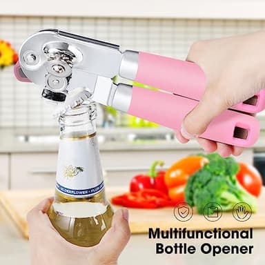 Beneno Heavy Duty Hand Can Opener Manual with Magnet, Durable Sharp Carbon Steel Blade Smooth Cutting, Big Effort-Saving Knob & Soft Grip Handle, Multifunctional Kitchen Tool with Bottle Opener, Pink - Image 5