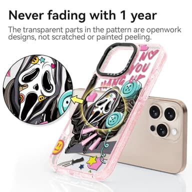 Rosarnnah Compatible for iPhone 16 Pro Max Case Cute - Durable Shockproof 6.6 ft Drop Impact Phone Case - Glitter Pink Funny Skeleton Design for iPhone 16 Pro Max 6.9" - Image 5