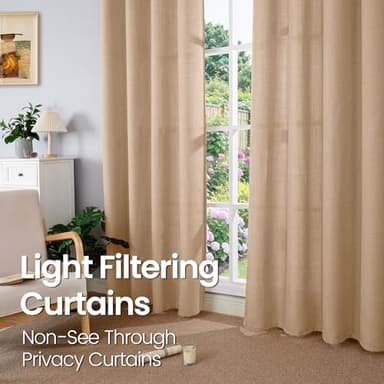 BGment Tan Curtains 84 Inch for Living Room - Light Filtering Faux Linen Look with Burlap Texture, Rustic Farmhouse Window Panels (Set of 2, 52" Wide) - Image 3