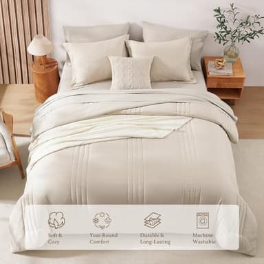 Monbix Queen Comforter Set - 7 Pieces Beige Bed in a Bag Queen Bedding Sets with Comforters, All Seasons Comforter Bed Set with Sheets,Pillowcases & Shams - Image 3