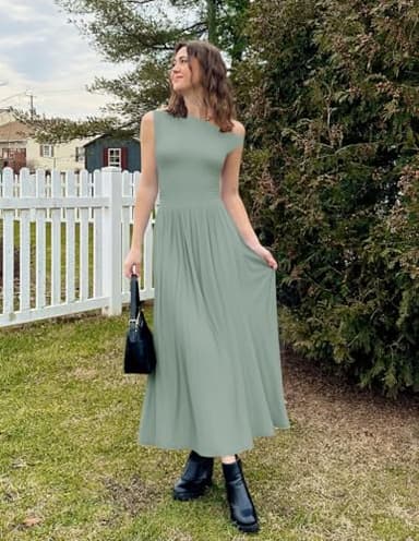 ZESICA Women's Summer 2025 Sleeveless Maxi Dress One Shoulder Casual Slim Swing Pleated Formal Dresses with Pockets,BeanGreen,Medium - Image 7