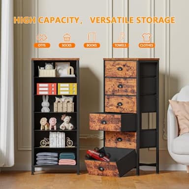 Furnulem Tall Dresser with 6 Drawers,Vertical End Table and Nightstand for Bedroom,Industrial Dorm Bedside Furniture with Fabric Storage Drawer Organizer in Living Room,Closet,Entryway(Rustic Brown) - Image 5