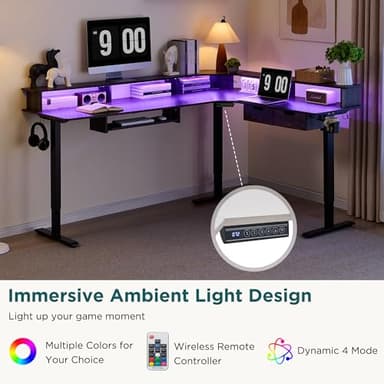 RedLemon 75X60 Inches L Shaped Electric Standing Desk,Height Adjustable Corner Gaming Desk with Drawers, Keyboard Tray, Power Outlets & LED Lights, Computer Desk with Monitor Shelf, Dark Rustic Oak - Image 3