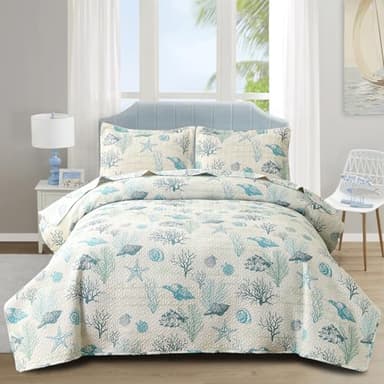 Junsey 3Pcs Ocean Theme Quilts Twin Size Coastal Bedding Set Lightweight Reversible Beach Theme Bedspread Coverlet All Season Home Bedding Decor(Light Blue, Twin) - Image 1