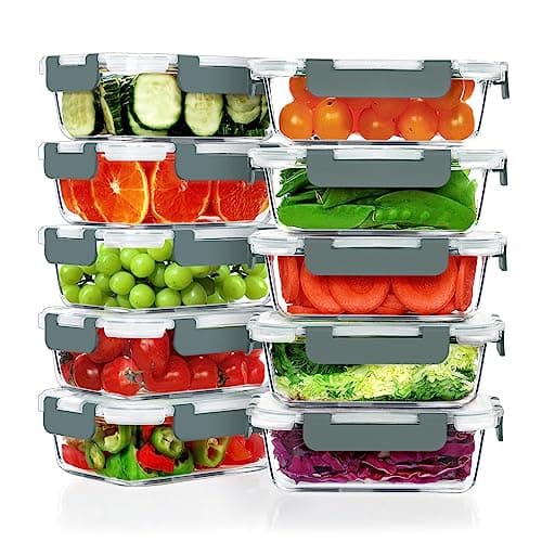 VERONES 10 Pack 22 OZ Glass Meal Prep Containers, Airtight Glass Lunch Containers Set, Glass Food Storage Containers with Lids,Exclusive of BPA, for Microwave, Oven, Freezer & Dishwasher Friendly,Grey - Image 1