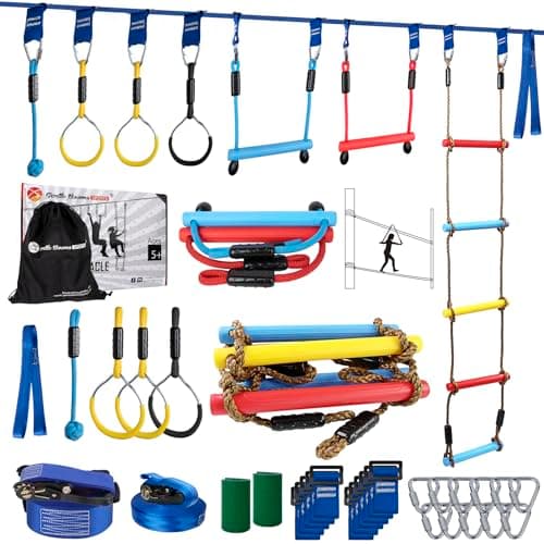 Ninja Warrior Obstacle Course for Kids, 2×56ft Slackline Kit with 8 Ninja Accessories - Monkey Bar, Rope Ladder, Gymnastic Ring, Arm Trainer and Monkey Fist - Image 1