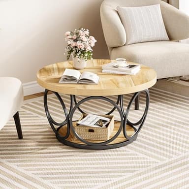 LITTLE TREE Coffee Table for Living Room, 31.5" Round Wood Center Table, Farmhouse Large Circle Coffee Tables with 2-Tier Storage, Modern Simple Brown Tea Table - Image 2