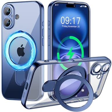 Magnetic for iPhone 16 Case with Invisible Stand[Compatible with MagSafe][Full Camera Lens Protector][Military Drop Protection] Shockproof Not Yellowing Clear Soft Slim for Women Men, Blue - Image 1