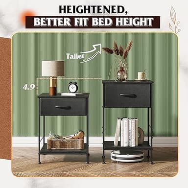 WLIVE Night Stand Set 2, Black Nightstand with Fabric Storage Drawer and Open Wood Shelf, Nightstand Set of 2 with Steel Frame, Side Table for Bedroom, Dorm, Charcoal Black, 25.03" Height - Image 8