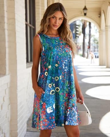 Summer T-Shirt Dress for Women Sleeveless Beach Bohemian Floral Sundress Tunic Swing Casual Loose Pockets(Blue Garden Floral,XL) - Image 3