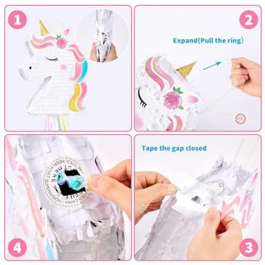 WERNNSAI Foldable Unicorn Piñata - Pull String Unicorn Birthday Party Supplies Extendable Unicorn with Blindfold Bat and Tassels Unicorn Birthday Party Decoration Games Folding Piñatas for Kids - Image 2