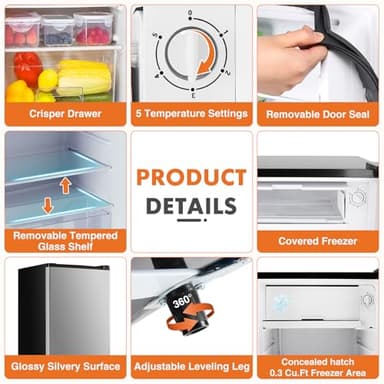 Sweetcrispy 3.2 Cu.Ft Mini Fridge with Freezer Small Refrigerator Single Door Adjustable Thermostat Energy-efficient Low Noise, Compact Fridge for Bedroom, Office, Dorm (Silver Door) - Image 5